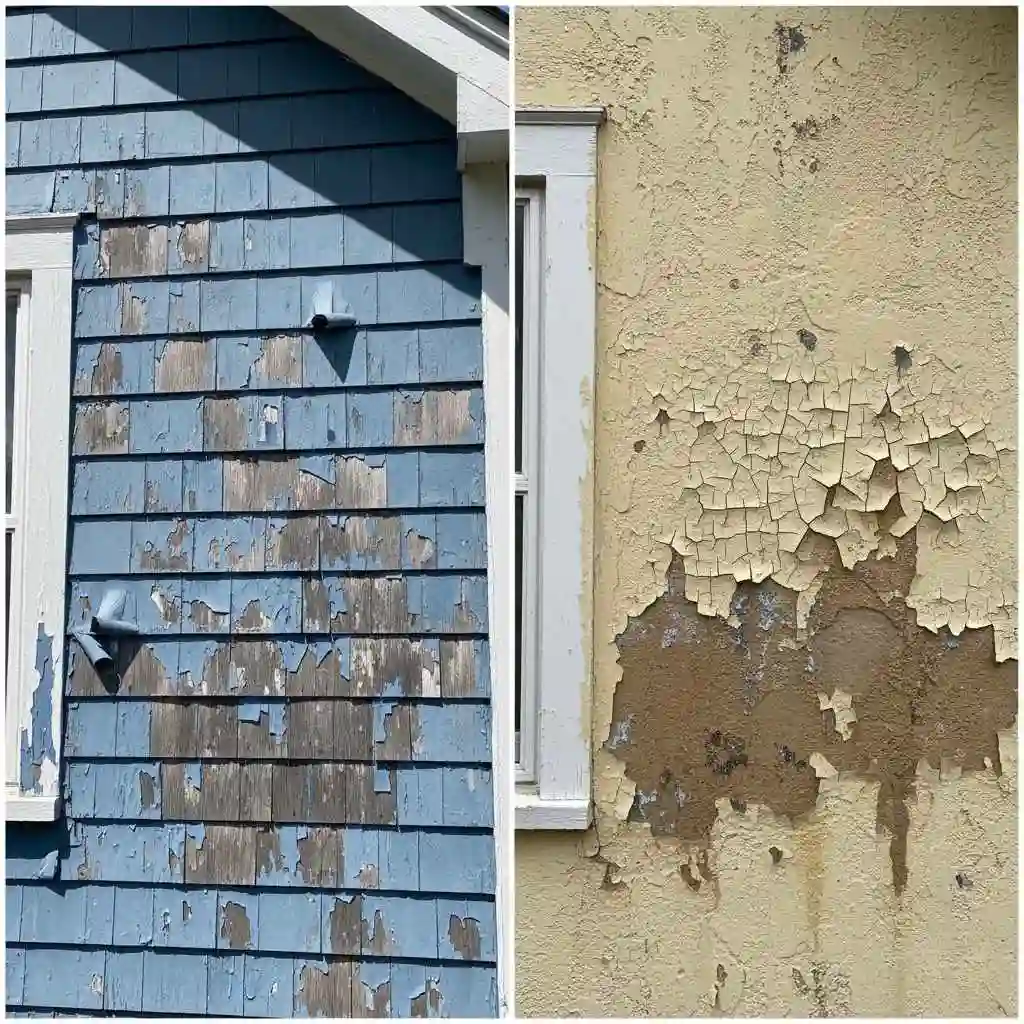 showing peeling paint on wood siding and stucco as a cautionary example