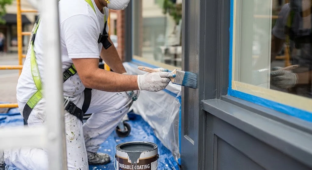 Professional commercial painter applying durable exterior paint to a Portland storefront
