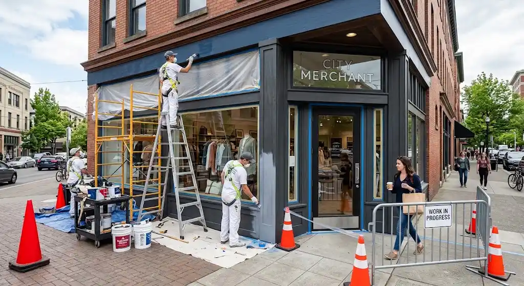 commercial painters preparing and repainting a Portland retail storefront while keeping the business entrance organized.